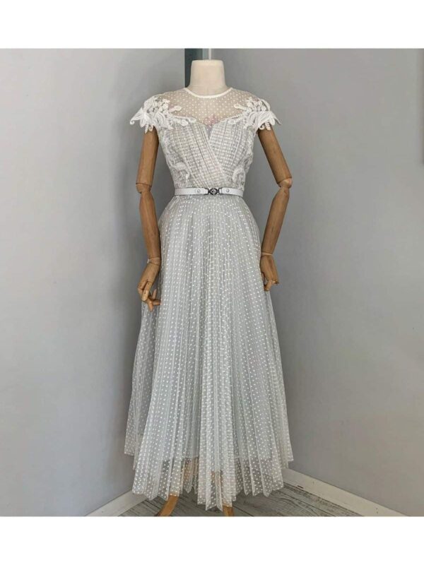 Kadın Midi Uzun Boy Tuka Tasarım Piliseli Tül Dantel Detaylı Mevlüt Dua Düğün Nikah Elbisesi