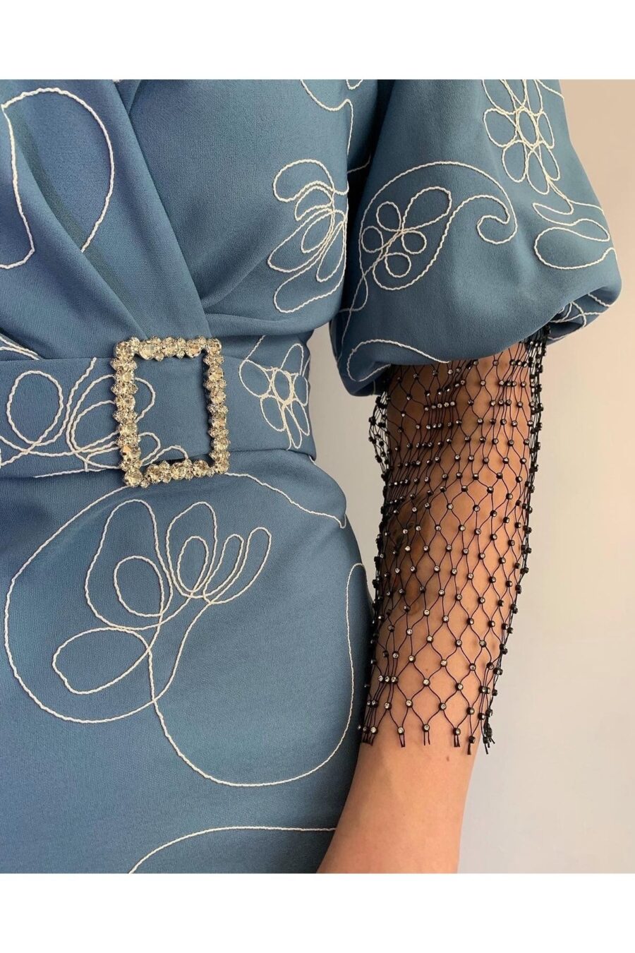 06376041613 Kadın Mavi Midi Boy File Detaylı Günlük Gece Düğün Nişan Kına Davet Abiye Elbise