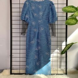 06376041613 Kadın Mavi Midi Boy File Detaylı Günlük Gece Düğün Nişan Kına Davet Abiye Elbise