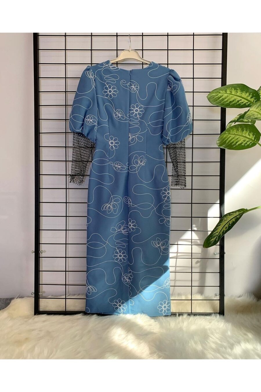 06376041613 Kadın Mavi Midi Boy File Detaylı Günlük Gece Düğün Nişan Kına Davet Abiye Elbise