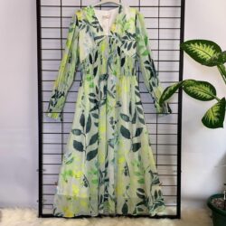 Kadın Yeşil Çiçek Desen Uzun Boy Şifon Gipeli Günlük Elbise