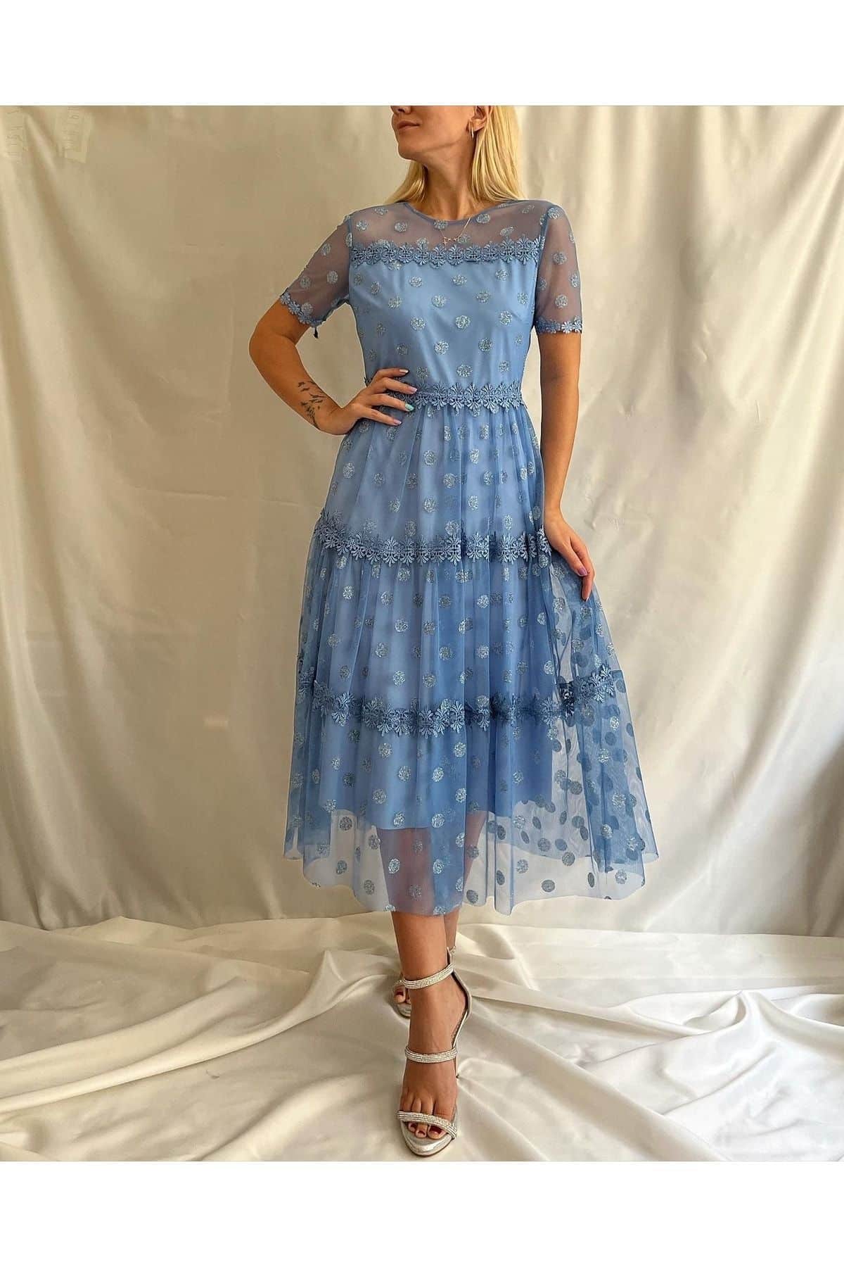 Kadın Beyaz Midi Boy Kısa Kol Dantel Ve Tül Detay Nişan Söz Mevlüt Elbise