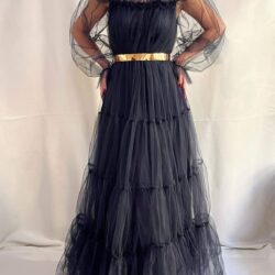 56720419143 Kadın Lacivert Tamamı Tül Uzun Boy Uzun Kol Düğün Nişan Kına Isteme Davet Abiye Elbise