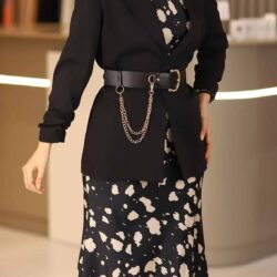 Kadın Siyah Saten Elbise Ceket Takım