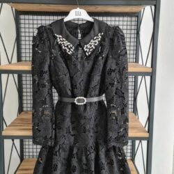 Kadın Siyah Tamamı Güpür Beli Kemerli Abiye Elbise