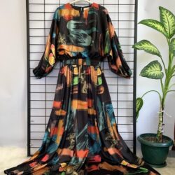 5925371511 Kadın Saten Beli Lastikli Maxi Boy Uzun Kol Tesettür Günlük Gece Davet Abiye Elbise