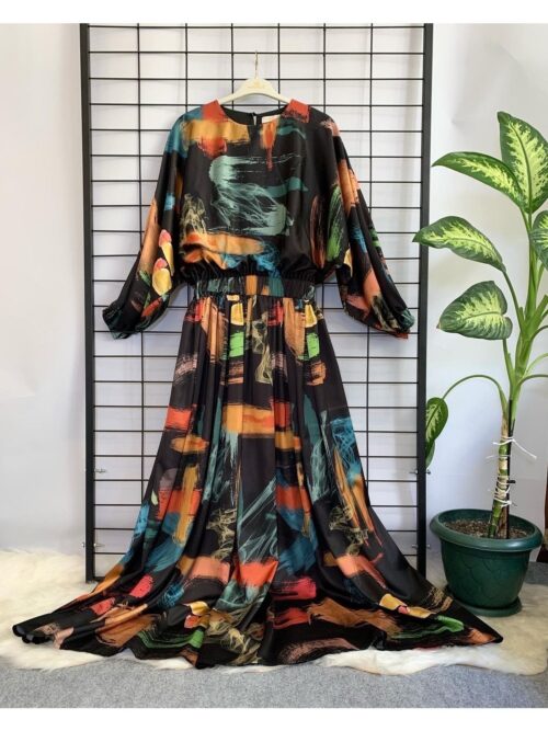 Kadın Saten Beli Lastikli Maxi Boy Uzun Kol Tesettür Günlük Gece Davet Abiye Elbise