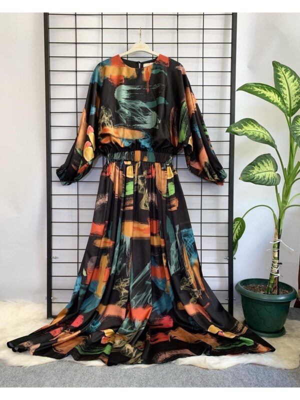 Kadın Saten Beli Lastikli Maxi Boy Uzun Kol Tesettür Günlük Gece Davet Abiye Elbise