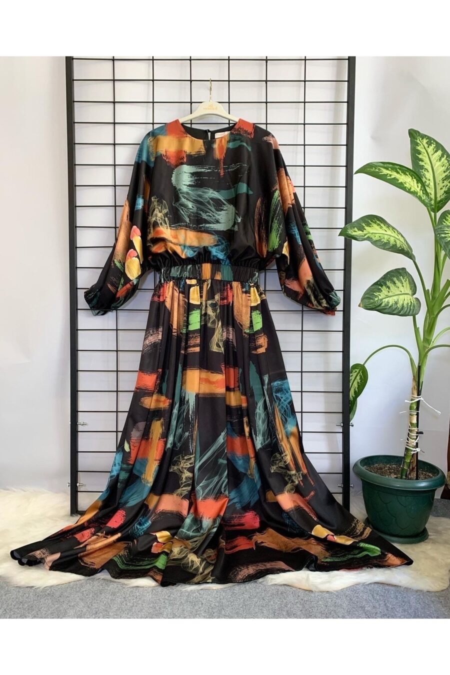 5925371511 Kadın Saten Beli Lastikli Maxi Boy Uzun Kol Tesettür Günlük Gece Davet Abiye Elbise