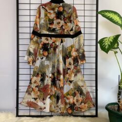 Kadın Toprak Tonları Çiçek Desenli Midi Boy Uzun Kol Şifon Elbise