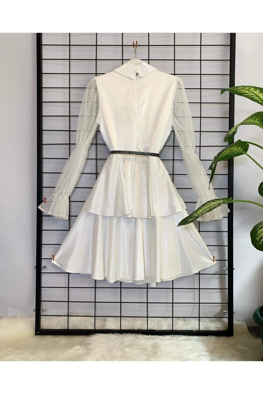 3536577973 Kadın Geniş Kalıp Beyaz Saten Ve Tül Kollu Parti Doğum Günü Düğün Nişan Kına Abiye Tasarım Elbise