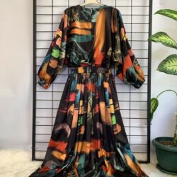 5925371511 Kadın Saten Beli Lastikli Maxi Boy Uzun Kol Tesettür Günlük Gece Davet Abiye Elbise