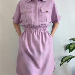 Kadın Lila Cep Detaylı Beli Lastikli Yazlık Elbise
