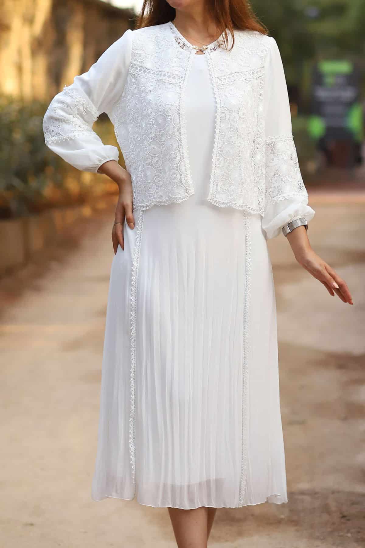 Kadın Dantel Detay Büyük Beden Şifon Tesettür Abiye Elbise