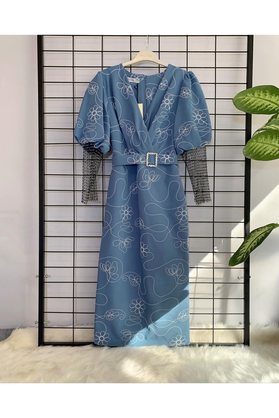 06376041613 Kadın Mavi Midi Boy File Detaylı Günlük Gece Düğün Nişan Kına Davet Abiye Elbise