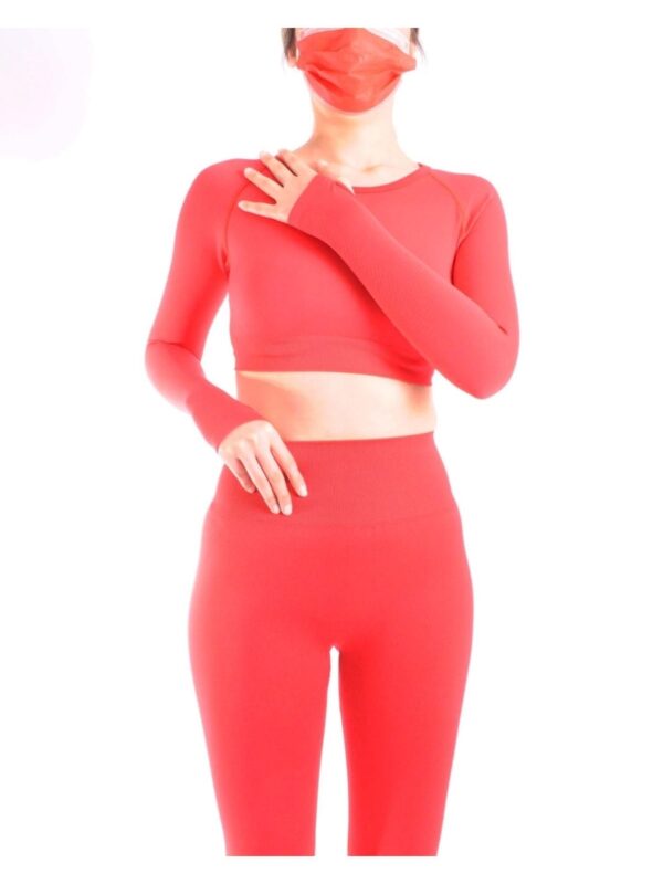 Kadın Kırmızı Toparlayıcı Etkili Uzun Kol Spor Crop