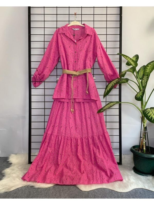 Kadın Pembe Tamamı Fistolu Pamuk Kumaş Gömlek Etek Ikili Takım