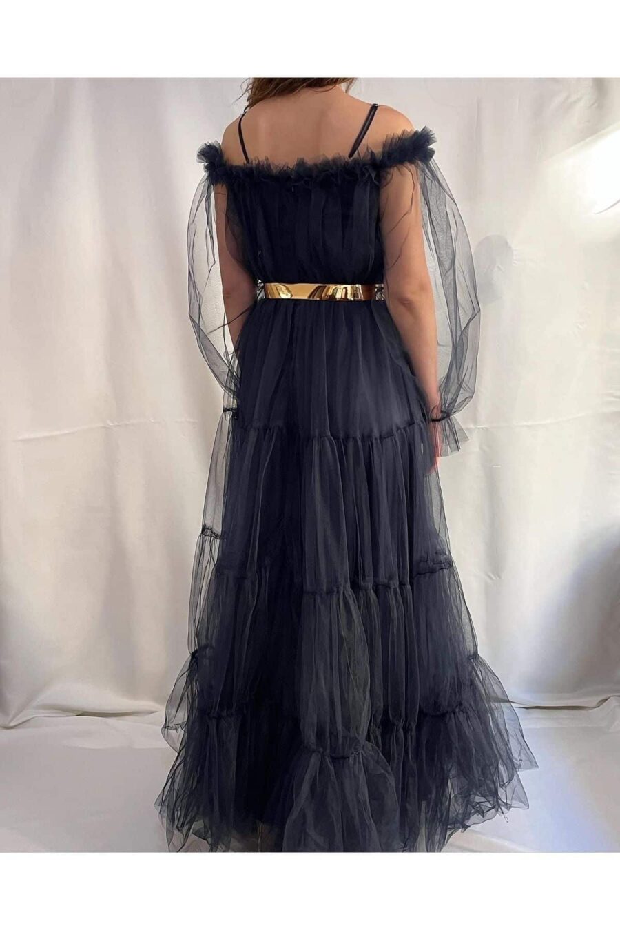 56720419143 Kadın Lacivert Tamamı Tül Uzun Boy Uzun Kol Düğün Nişan Kına Isteme Davet Abiye Elbise