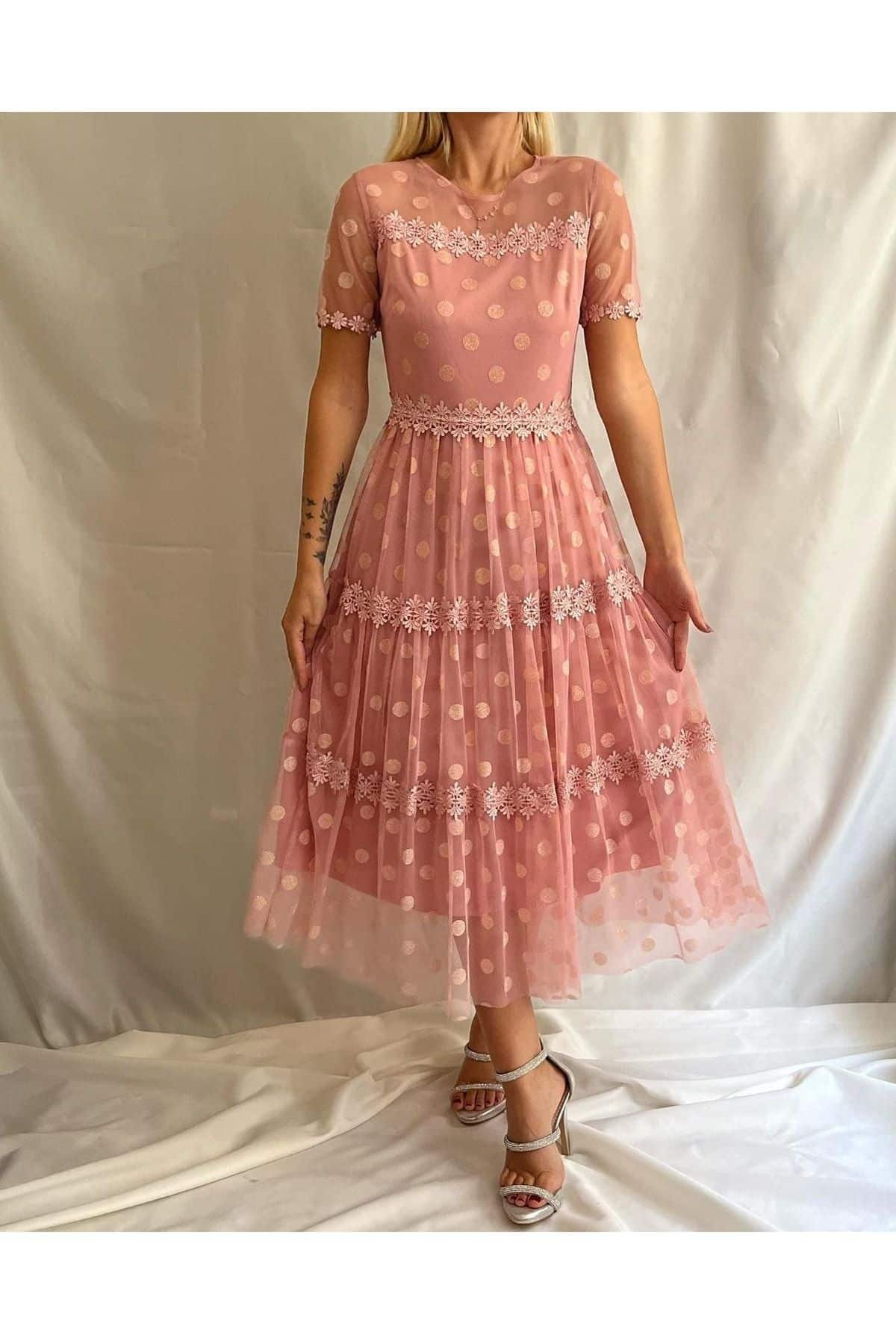 Kadın Beyaz Midi Boy Kısa Kol Dantel Ve Tül Detay Nişan Söz Mevlüt Elbise