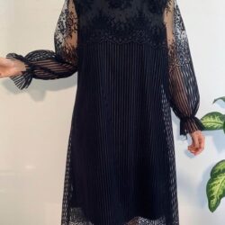 Kadın Siyah Midi Boy Büyük Beden Tül Detay Abiye Elbise