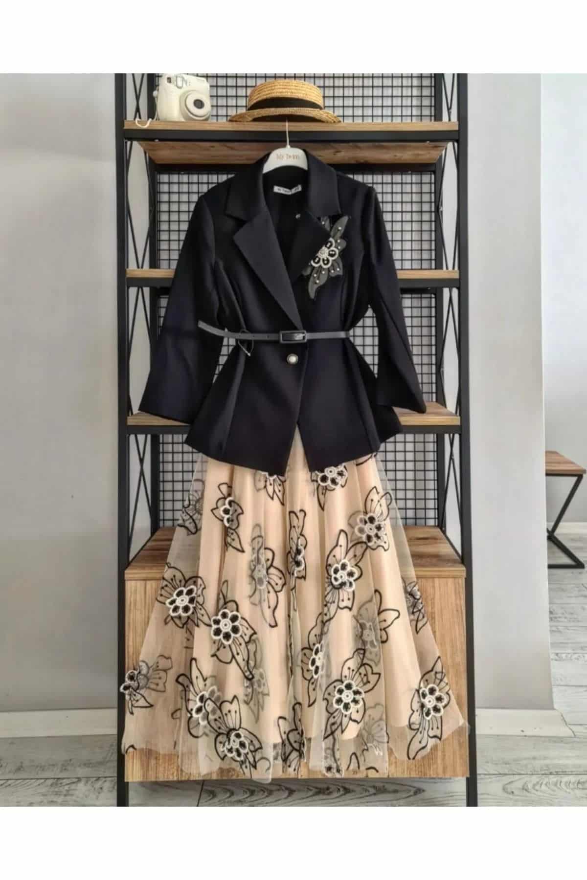 Kadın Siyah Pantolon Kemerli Gömlek Şık Ikili Takım