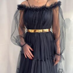 56720419143 Kadın Lacivert Tamamı Tül Uzun Boy Uzun Kol Düğün Nişan Kına Isteme Davet Abiye Elbise