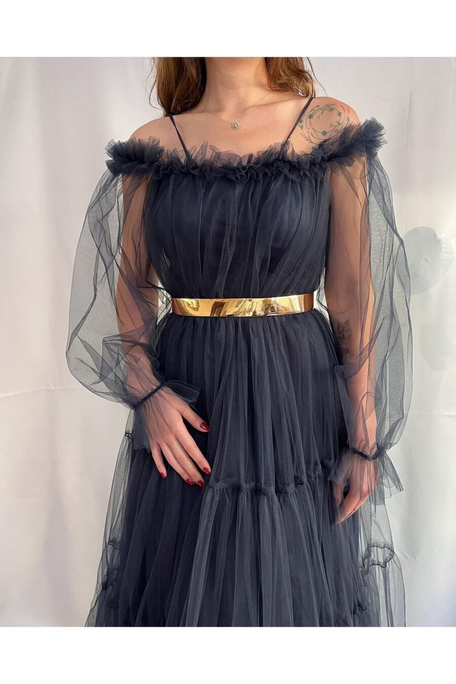 56720419143 Kadın Lacivert Tamamı Tül Uzun Boy Uzun Kol Düğün Nişan Kına Isteme Davet Abiye Elbise