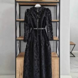 Kadın Siyah Tamamı Güpür Beli Kemerli Abiye Elbise