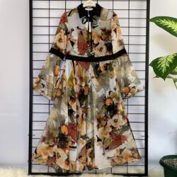 Kadın Toprak Tonları Çiçek Desenli Midi Boy Uzun Kol Şifon Elbise