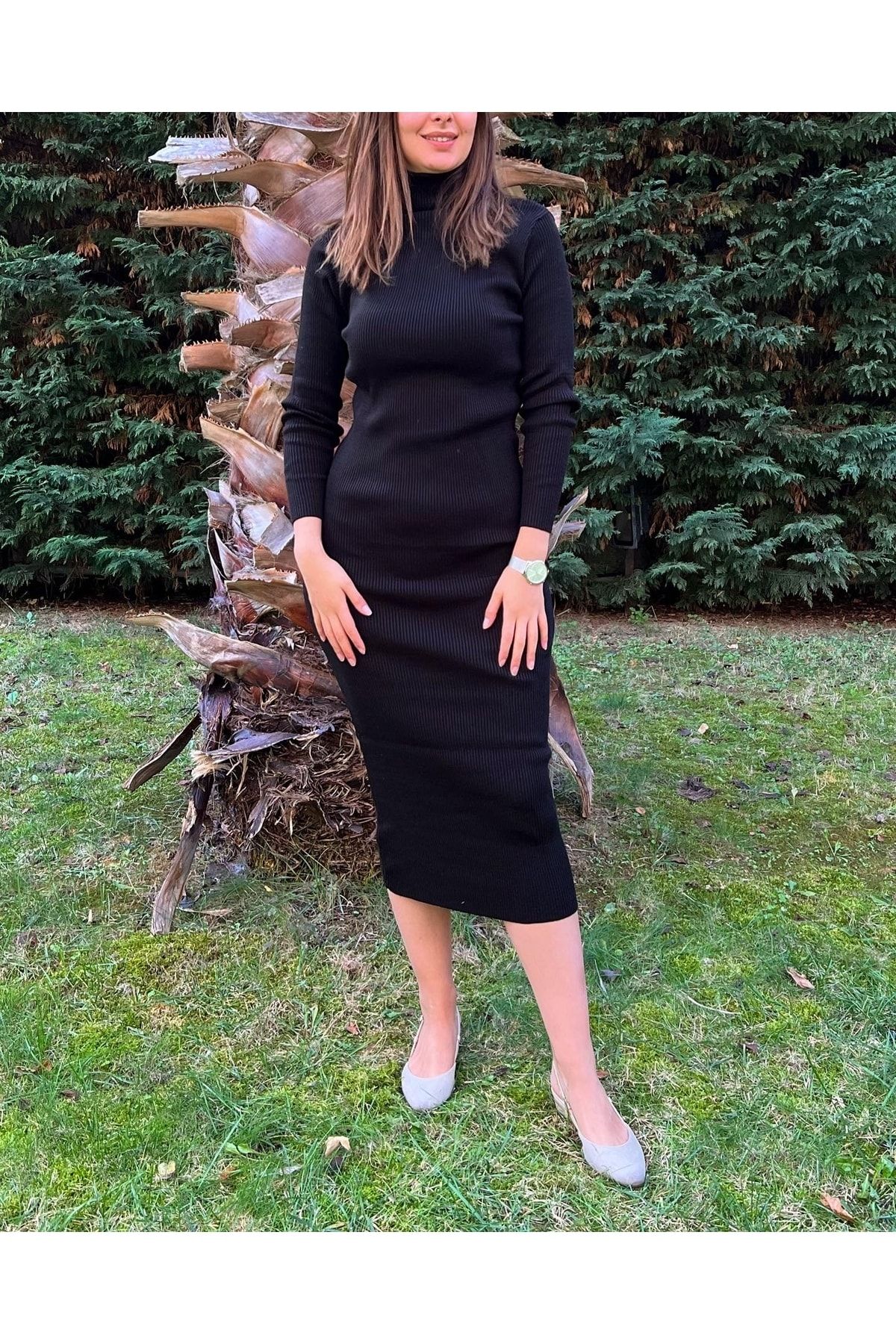 Kadın Midi Boy Kiremit Tam Balıkçı Fitilli Triko Basic Elbise