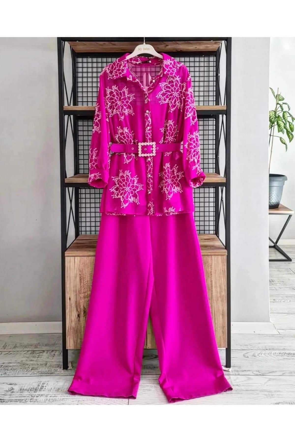 Kadın Bej Şifon Gömlek Pantolon Ikili Takım