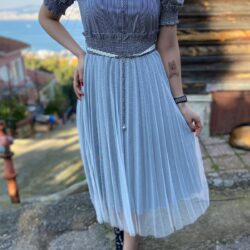 Kadın Siyah Midi Boy Çizgili Tül Detay Yarım Kol Elbise