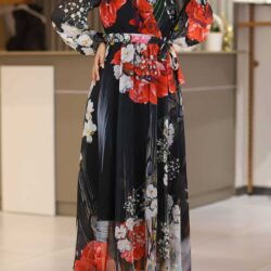 Kadın Siyah Uzun Boy Uzun Kol Çiçek Desen Kruvaze Şifon Kloş Elbise