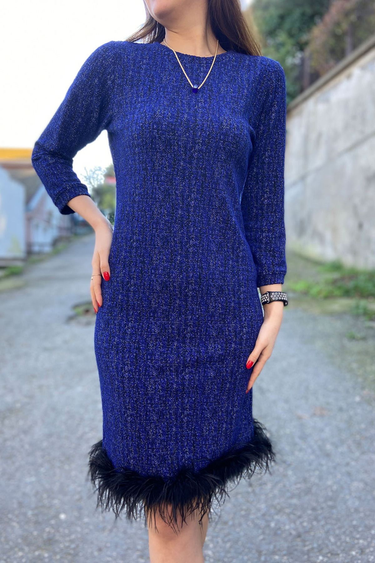 Kadın Kiremit Kısa Boy Tüy Detaylı Triko Elbise