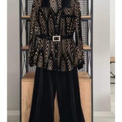 Kadın Siyah Pantolon Kemerli Gömlek Şık Ikili Takım