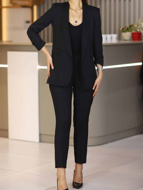 Kadın Siyah Slim Fit Ceket Pantolon İkili Takım
