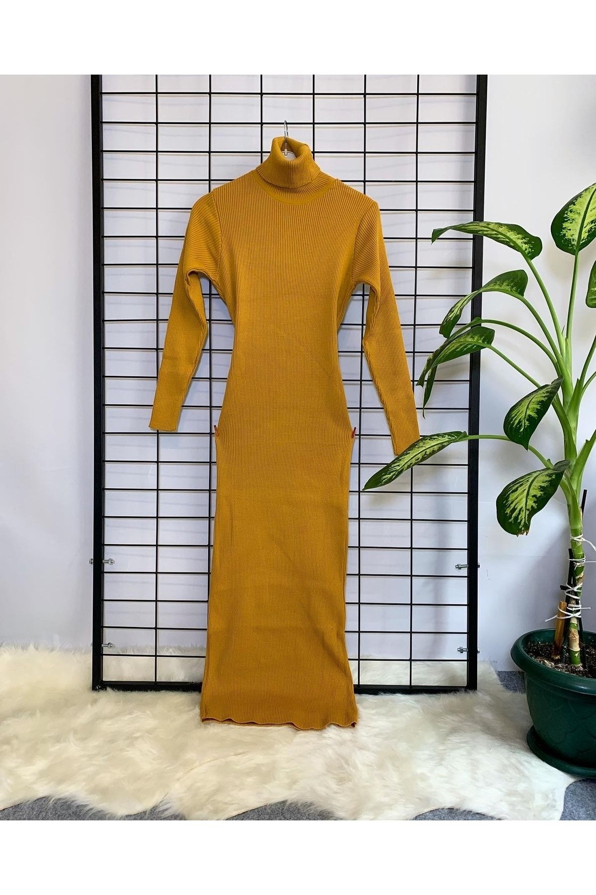 Kadın Midi Boy Kiremit Tam Balıkçı Fitilli Triko Basic Elbise