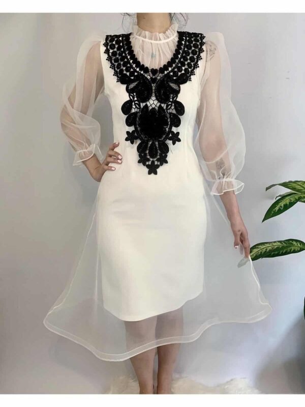 Kadın Beyaz Midi Boy Dantel Detay Organze Abiye Nikah Mevlüt Isteme Elbise