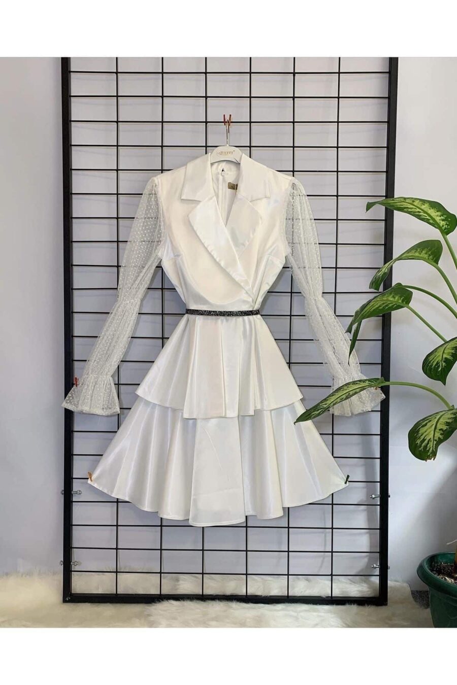 3536577973 Kadın Geniş Kalıp Beyaz Saten Ve Tül Kollu Parti Doğum Günü Düğün Nişan Kına Abiye Tasarım Elbise