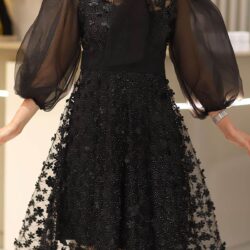 Kadın Siyah Organze Tül Detaylı Midi Boy Uzun Kol Abiye Düğün Nişan Nikah Isteme Söz Mevlüt Elbise