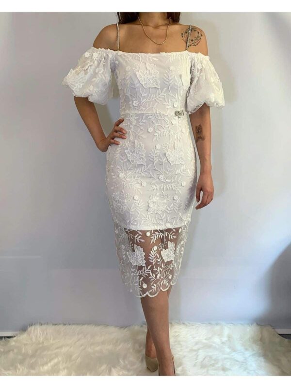 Kadın Beyaz Midi Boy Dantel Detay Abiye Mevlüt Nikah Kına Isteme Nişan After Parti Elbisesi