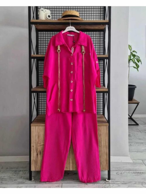 Kadın Pembe Pantolon Gömlek Salaş Ikili Takım