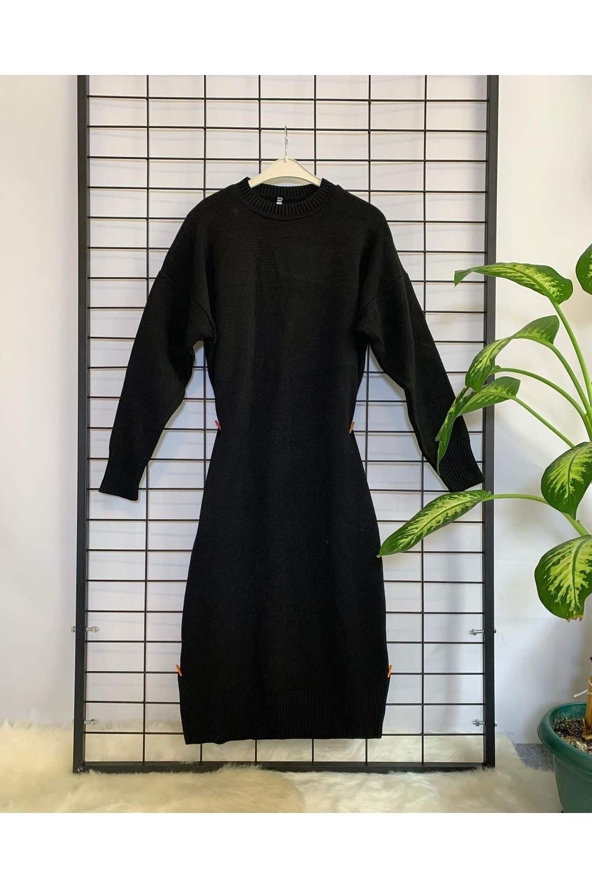 Kadın Ekru Uzun Basic Tesettür Triko Elbise