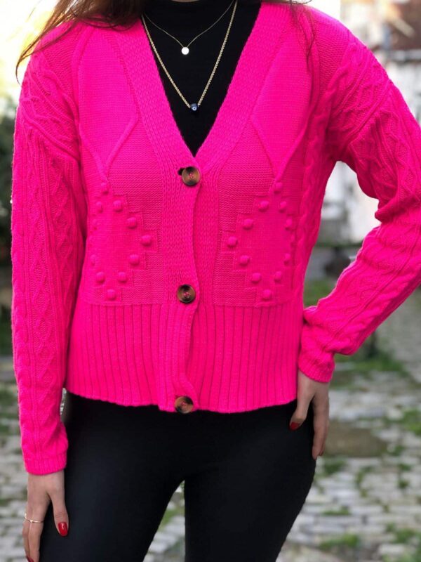Pembe Kısa Boy Örgü Desen Düğmeli Triko Hırka