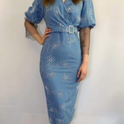 06376041613 Kadın Mavi Midi Boy File Detaylı Günlük Gece Düğün Nişan Kına Davet Abiye Elbise