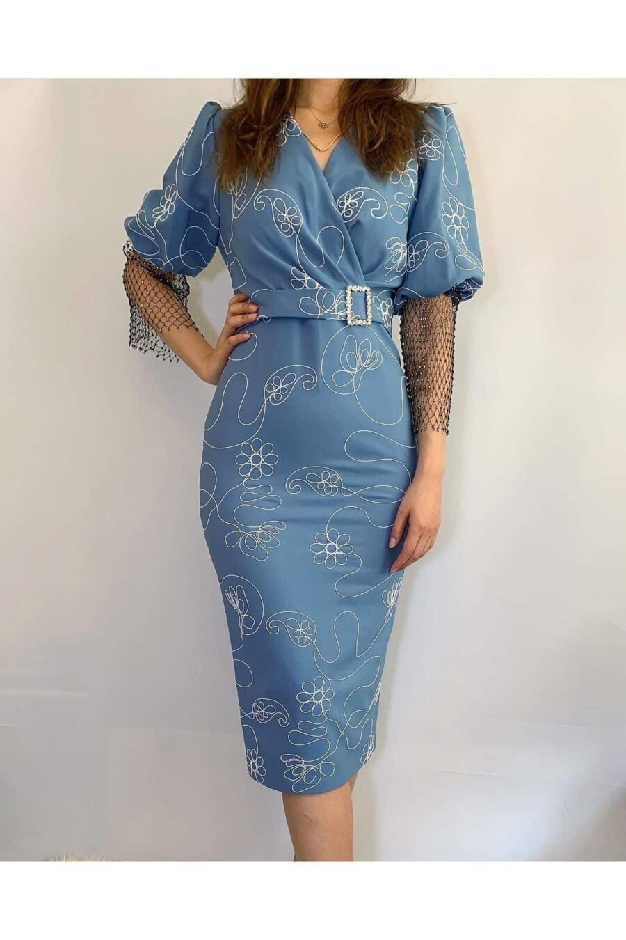 06376041613 Kadın Mavi Midi Boy File Detaylı Günlük Gece Düğün Nişan Kına Davet Abiye Elbise