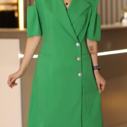 59255015391 Yeşil Diz Boy Omuz Detaylı Yarım Kollu Büyük Beden Klasik Elbise