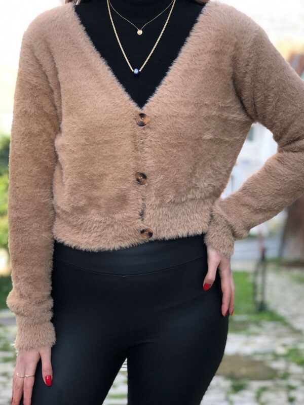 Kadın Vizon Kısa Boy Düğme Detaylı Yumoş Triko Hırka