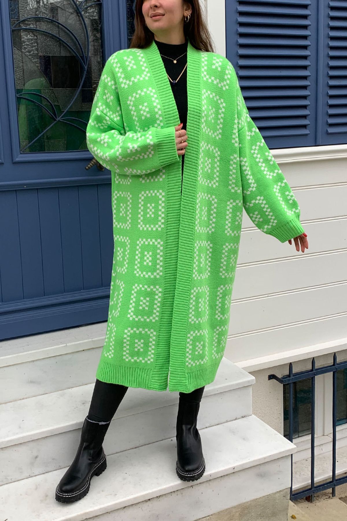 Yeşil Pötikare Desen Oversize Örme Uzun Triko Hırka