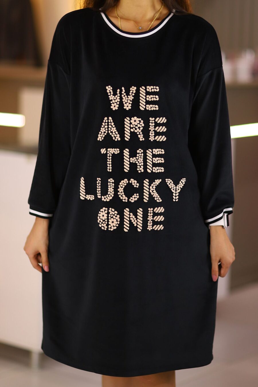 Tgclbse57 Kadın Siyah Midi Boy Kadife Büyük Beden Günlük Spor Elbise